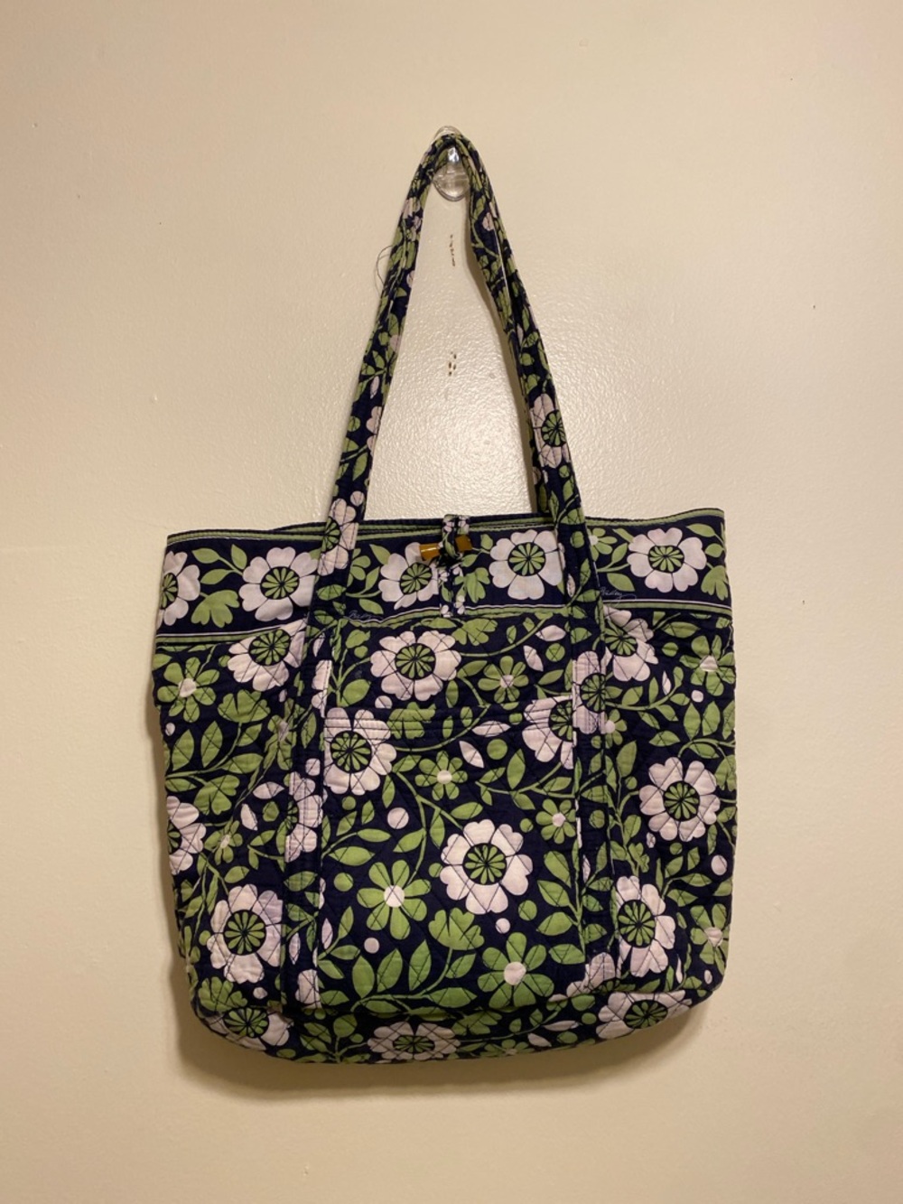 Vera Bradley Navy Floral Quilted Shoulder Tote with Green and Light Pink Flowers